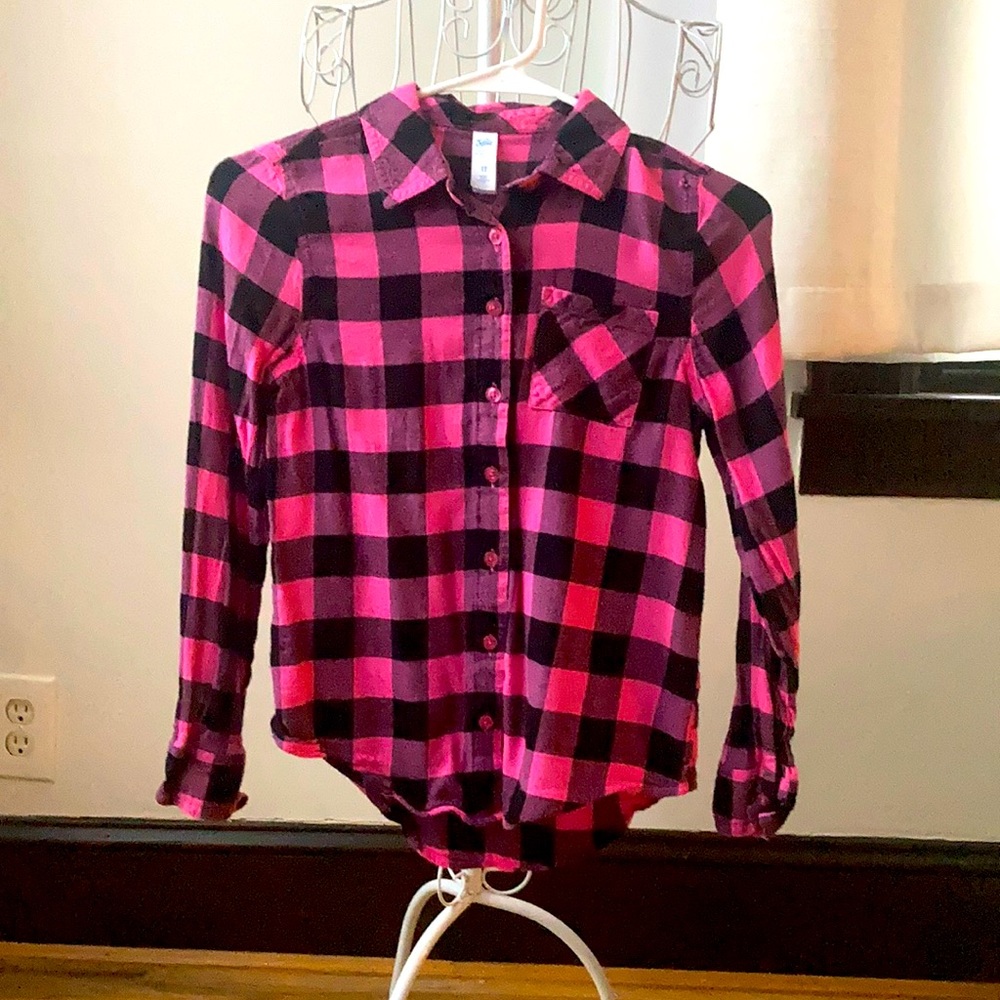 Justice Pink Plaid Long-sleeve Button-down Shirt